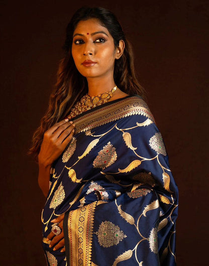 Navy Blue Banarasi Soft Silk Saree With Zari Weaving Work