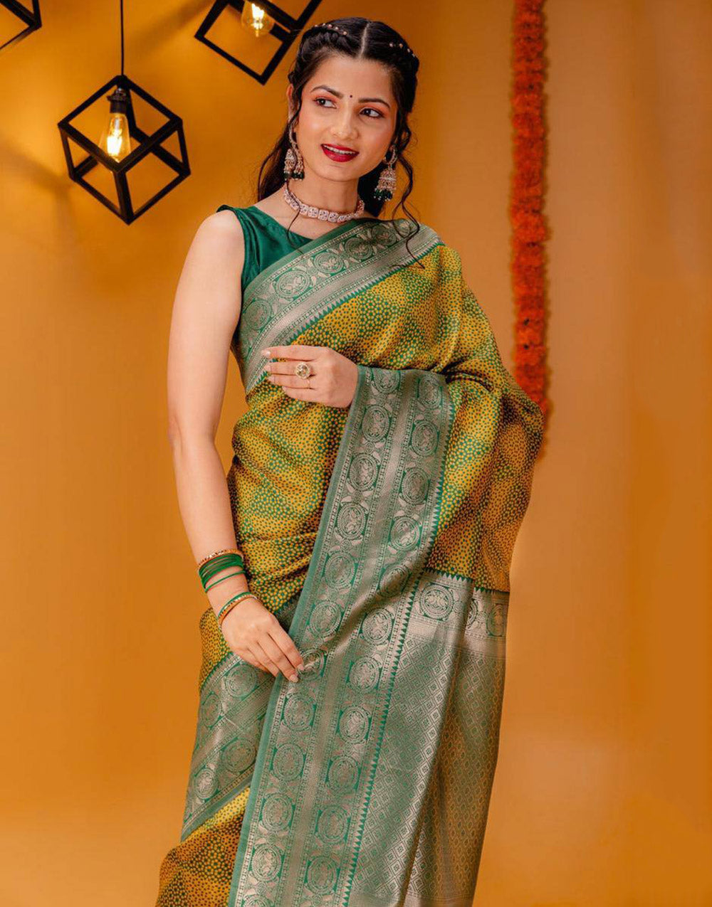 Dark Green Banarasi Silk Saree With Zari Weaving Work