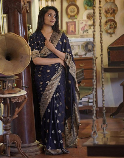 Navy Blue Soft Banarasi Silk Saree With Zari Weaving Work