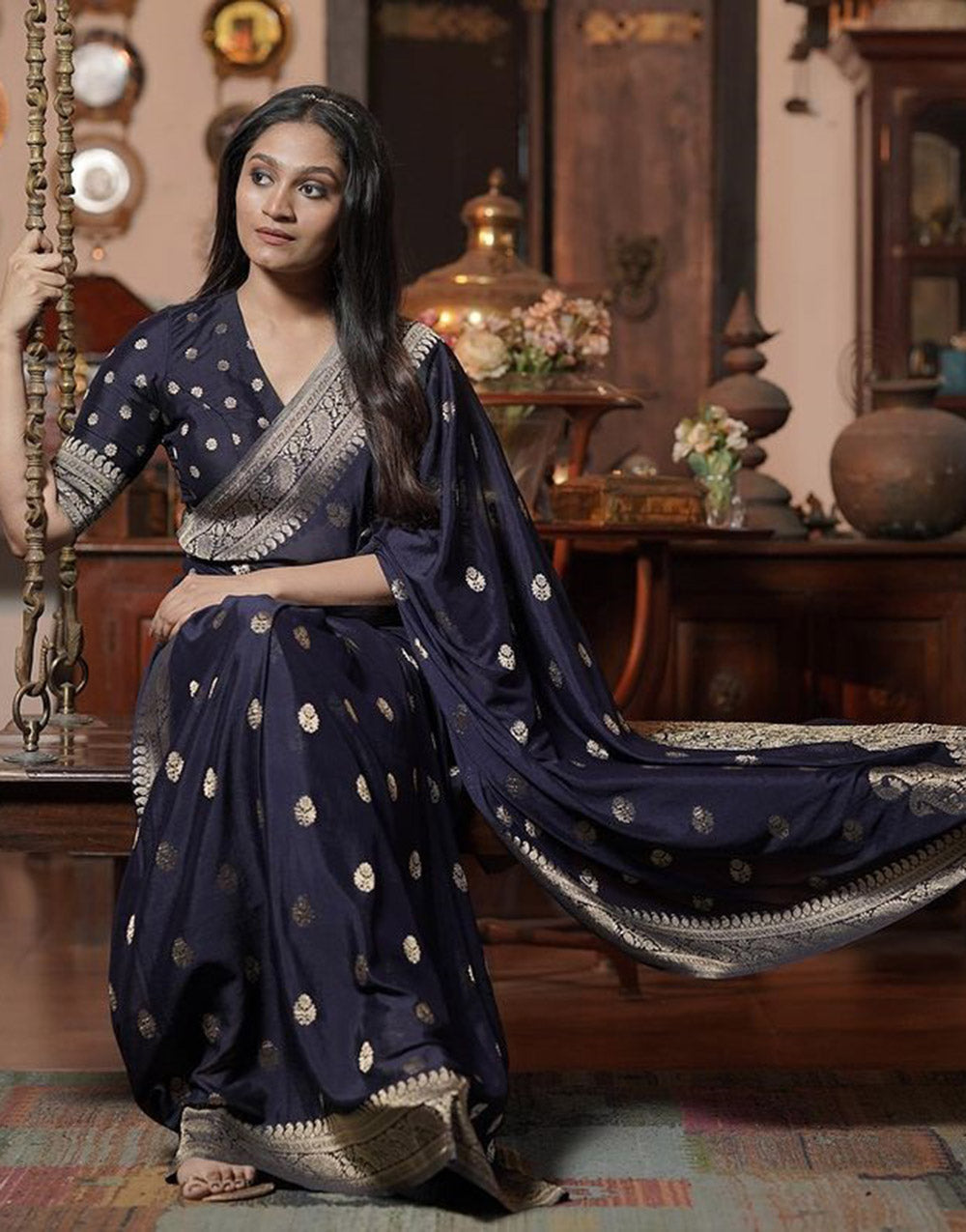 Navy Blue Soft Banarasi Silk Saree With Zari Weaving Work