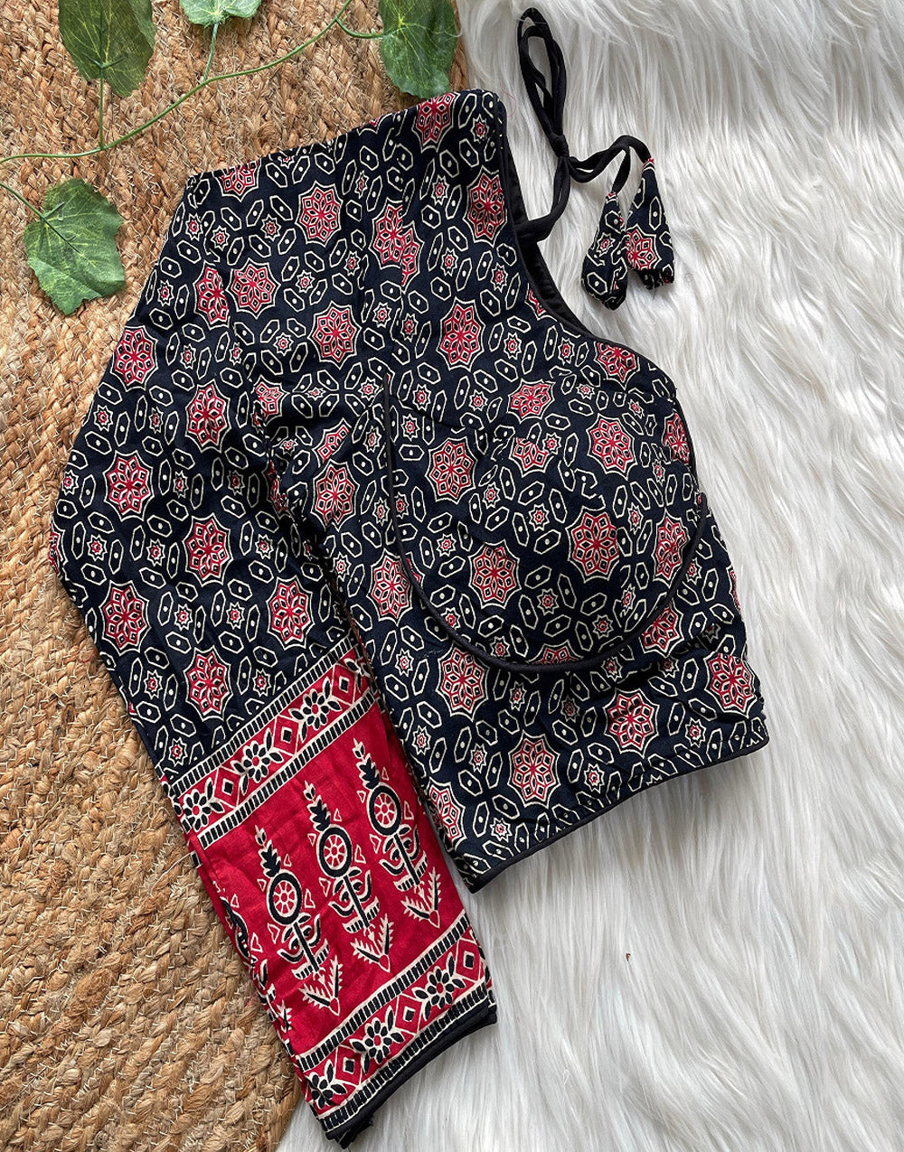 Black & Red Ajrakh Cotton Printed Work Blouse