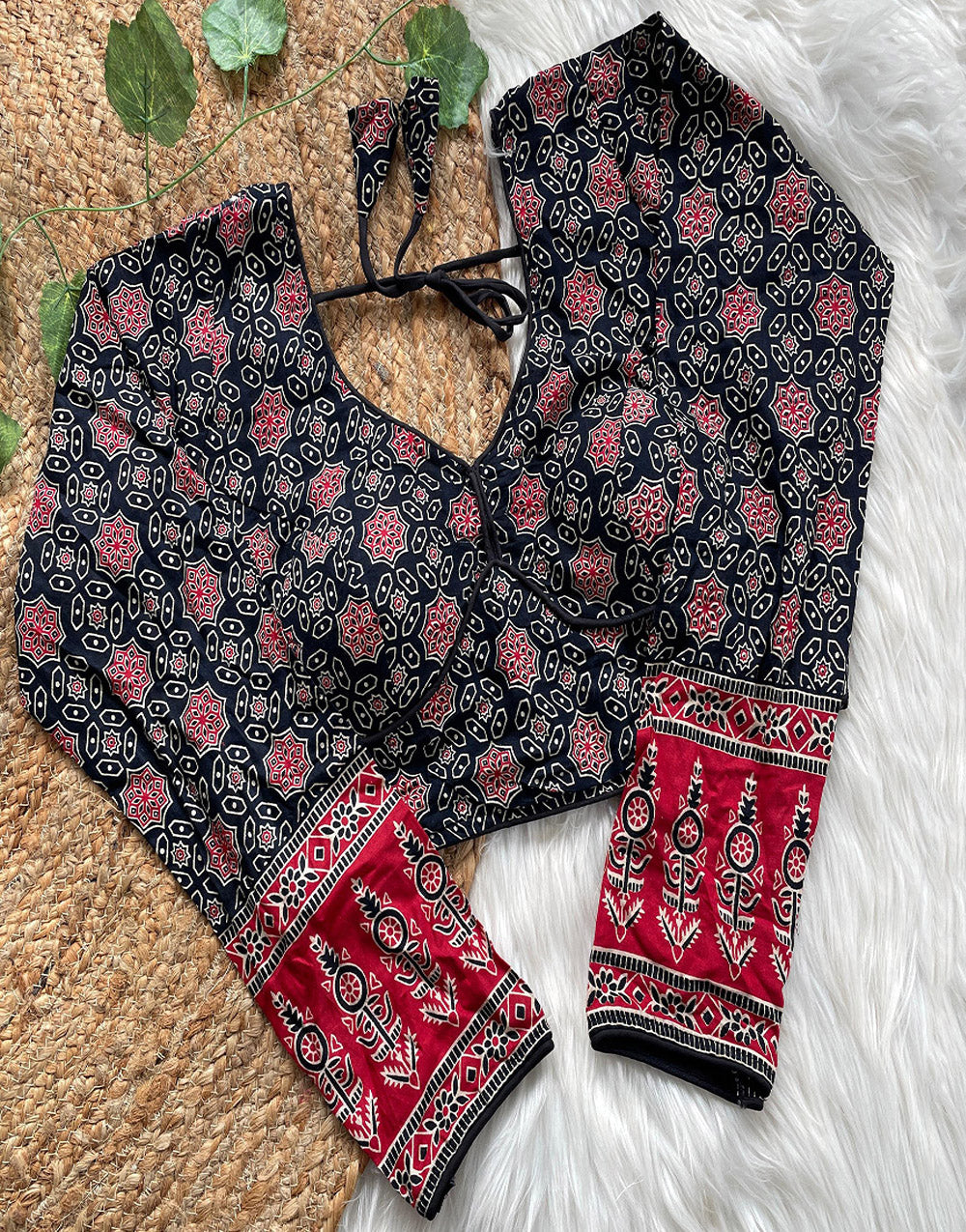 Black & Red Ajrakh Cotton Printed Work Blouse