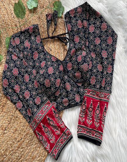 Black & Red Ajrakh Cotton Printed Work Blouse