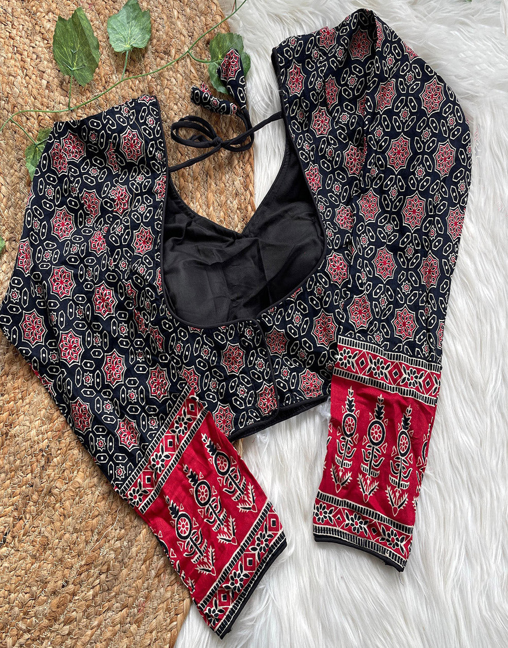 Black & Red Ajrakh Cotton Printed Work Blouse