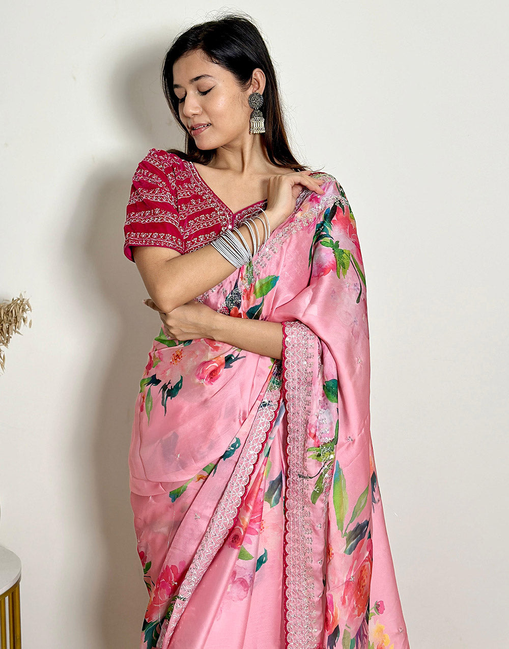 Light Pink Satin Saree With Flower Printed Work