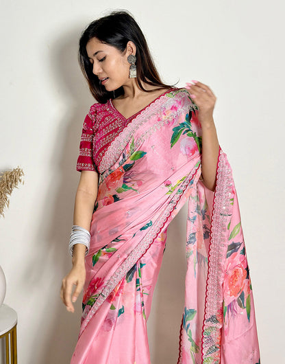 Light Pink Satin Saree With Flower Printed Work