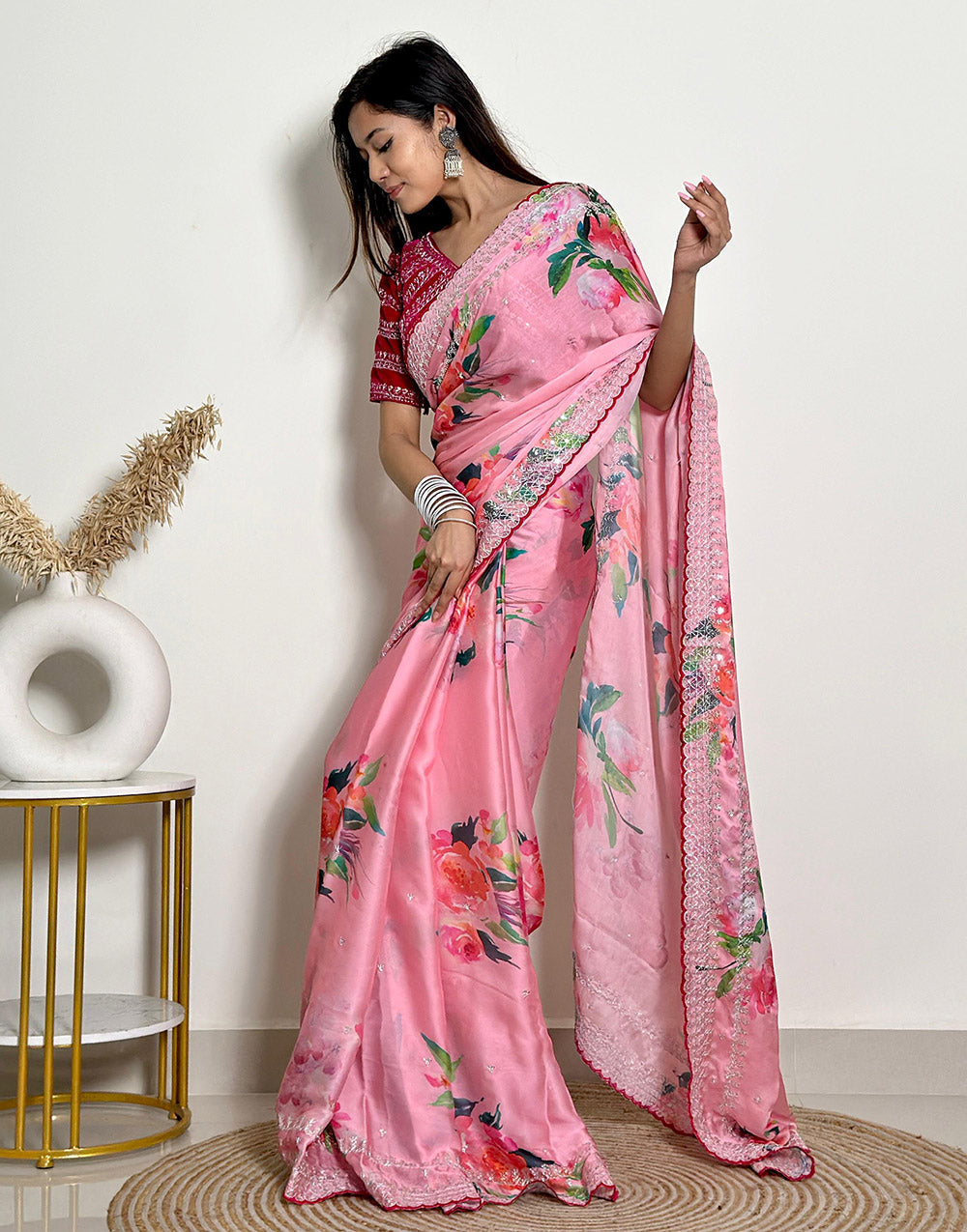 Light Pink Satin Saree With Flower Printed Work