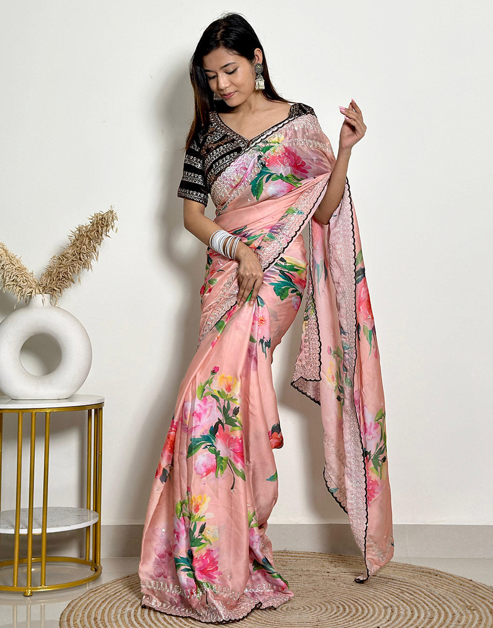 Blushing Peach Satin Saree With Flower Printed Work