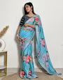 Sky Blue Satin Saree With Flower Printed Work