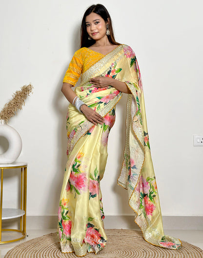 Light Yellow Satin Saree With Flower Printed Work