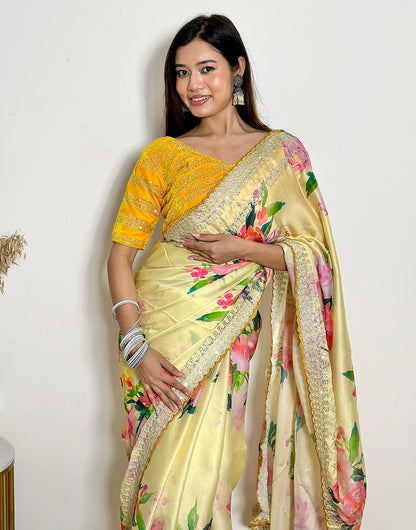 Light Yellow Satin Saree With Flower Printed Work