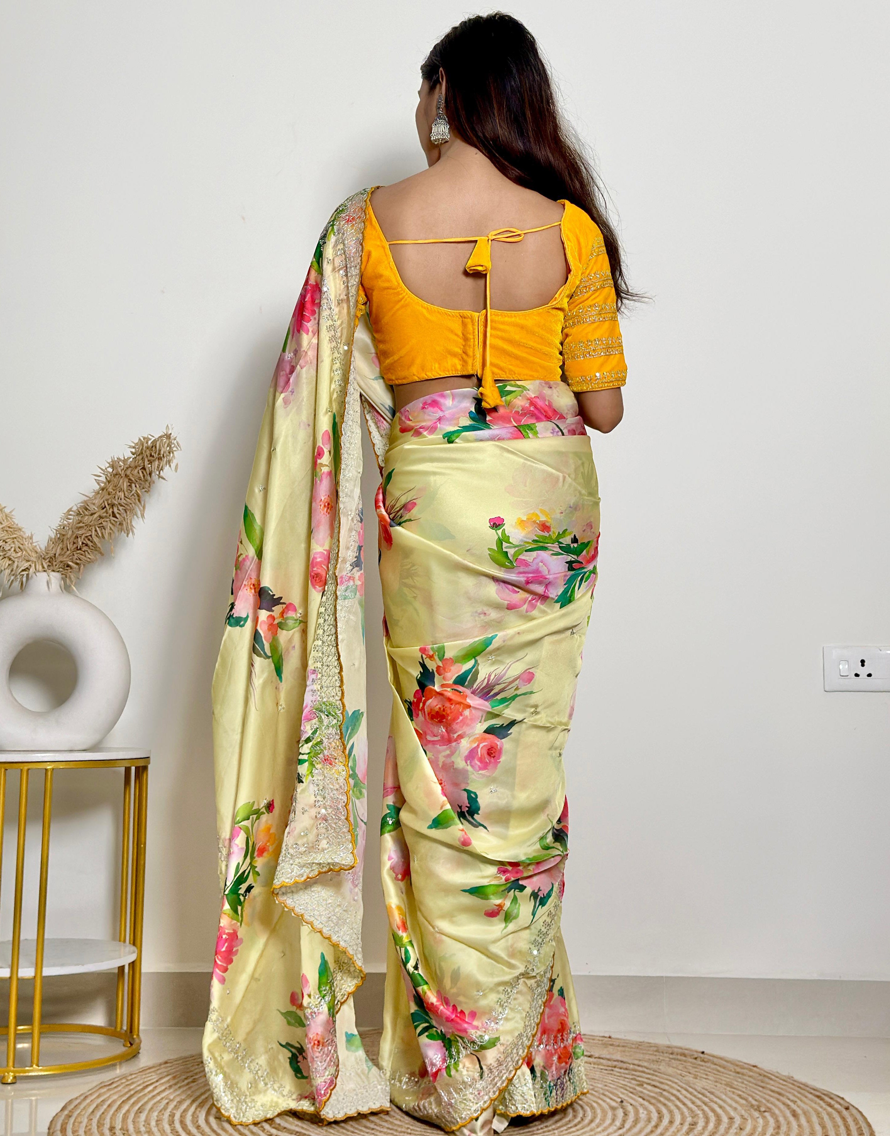 Light Yellow Satin Saree With Flower Printed Work