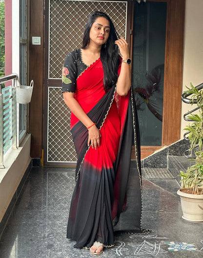 Red & Black Chinnon Saree With Printed & Cut Work Border