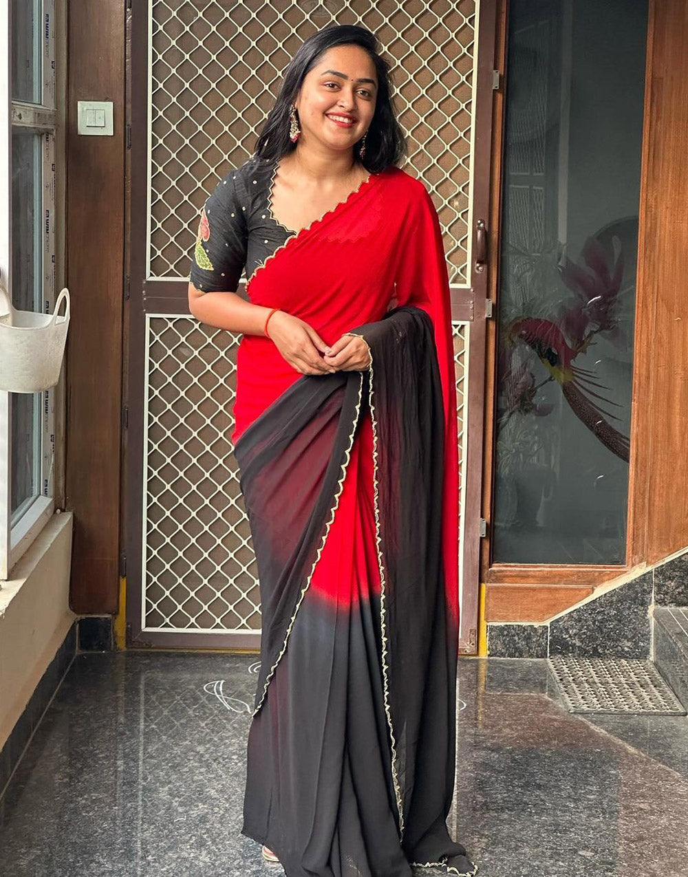 Red & Black Chinnon Saree With Printed & Cut Work Border