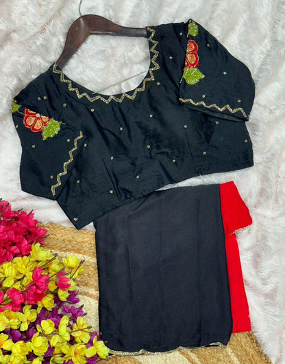 Red & Black Chinnon Saree With Printed & Cut Work Border