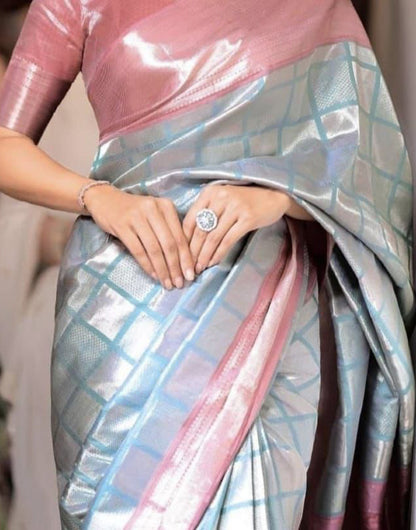 Sky Blue Soft Lichi Silk Saree With Silver Zari Weaving Work