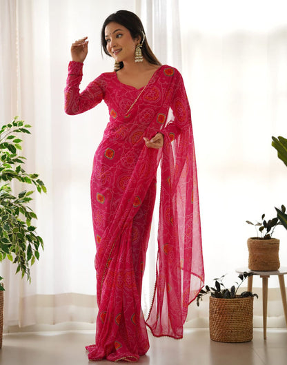 Beautiful Pink Chiffon Bandhani Printed Ready To Wear saree