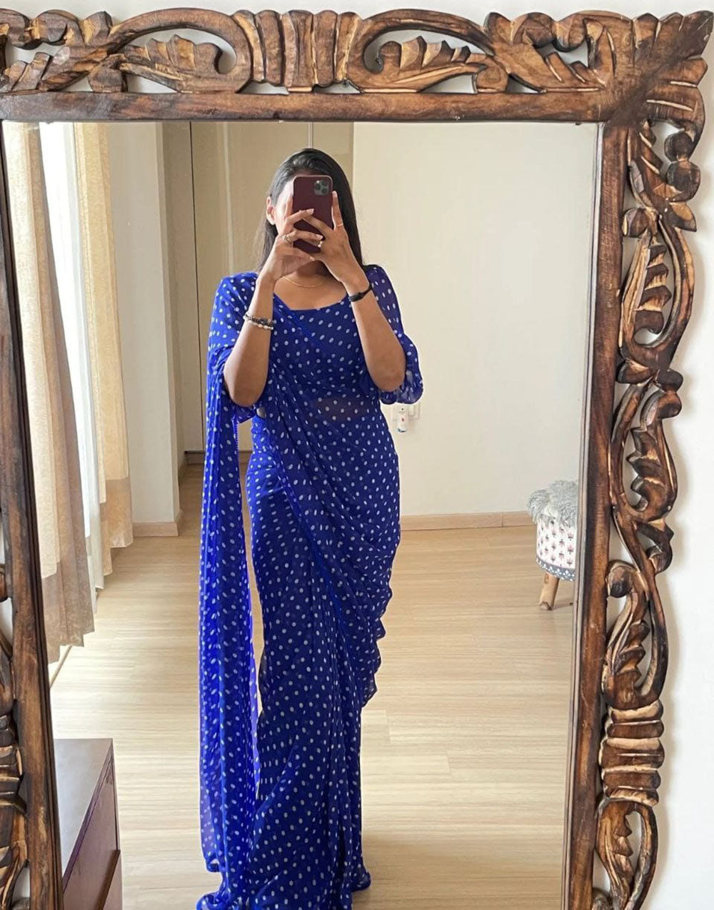 Blue Georgette Ready To Wear Saree With Printed Work