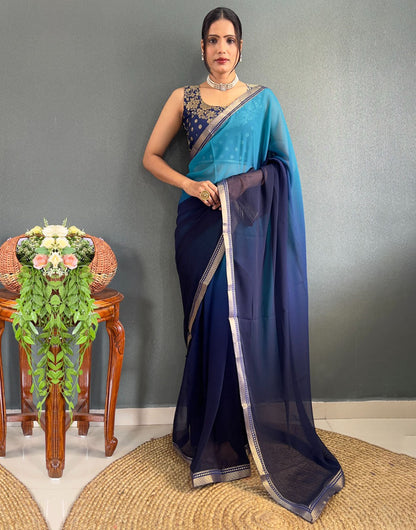 Navy Blue & Sky Blue Georgette Two Shaded Saree With Lace Border