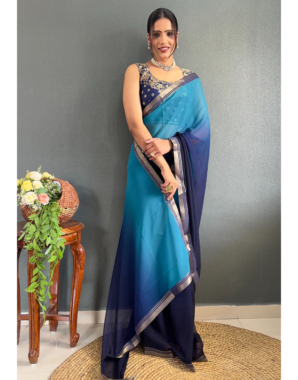 Navy Blue & Sky Blue Georgette Two Shaded Saree With Lace Border