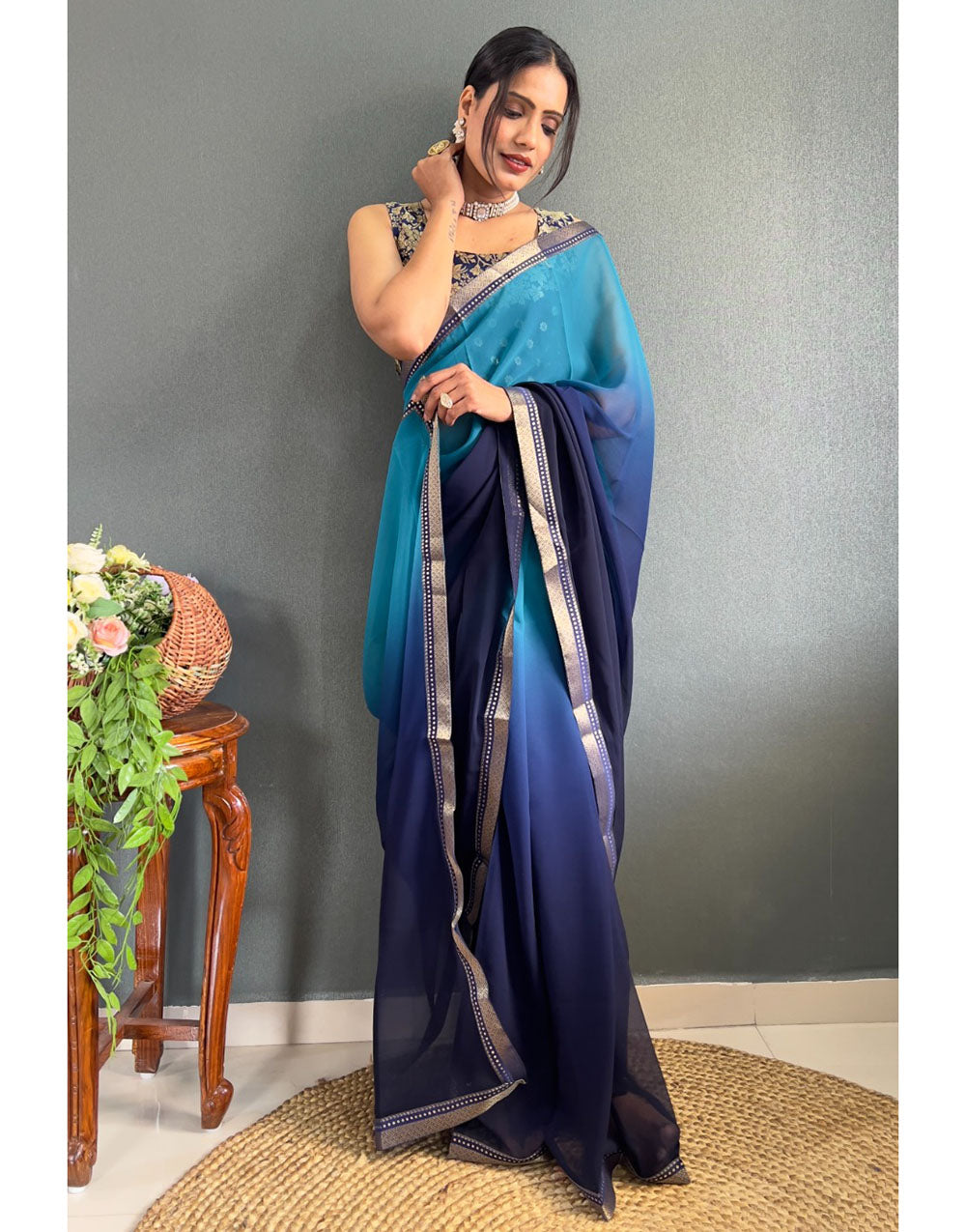 Navy Blue & Sky Blue Georgette Two Shaded Saree With Lace Border