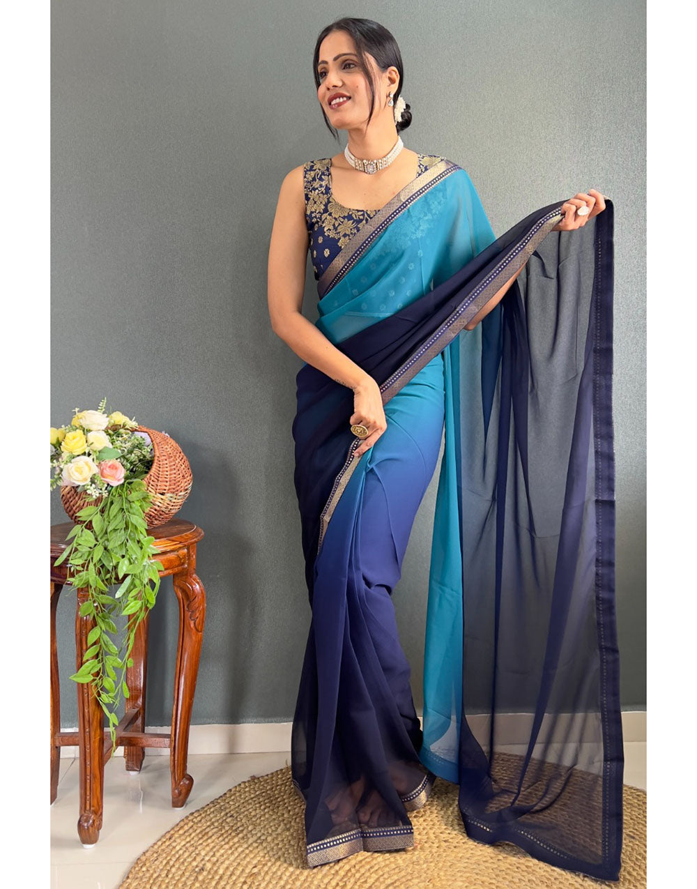 Navy Blue & Sky Blue Georgette Two Shaded Saree With Lace Border