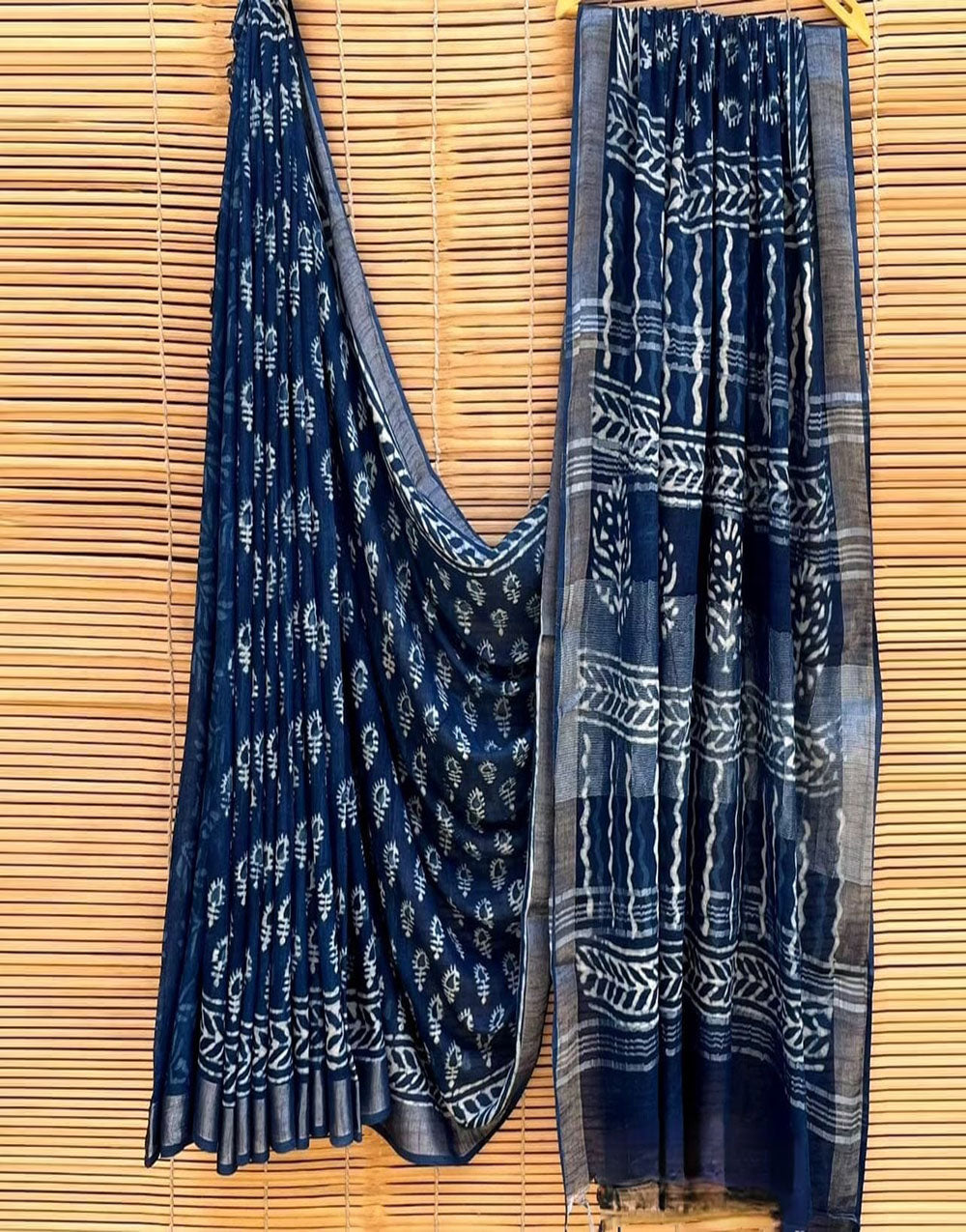 Navy Blue Cotton Block Printed Ready To Wear Saree