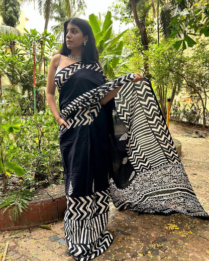 Black Colour Mul Cotton Ready To Wear Saree With Pocket
