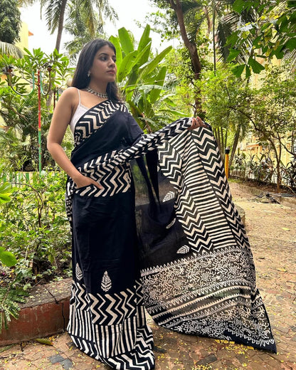 Black Colour Mul Cotton Ready To Wear Saree With Pocket