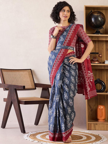 Blue Colour Mul Cotton Ready To Wear Saree With Pocket
