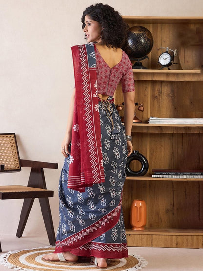 Blue Colour Mul Cotton Ready To Wear Saree With Pocket