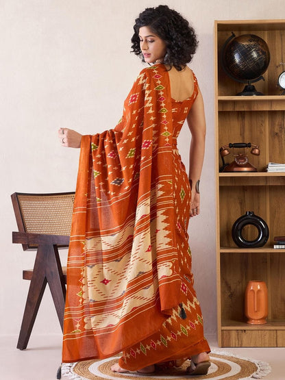 Orange Colour Mul Cotton Ready To Wear Saree With Pocket