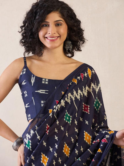 Blue Colour Mul Cotton Ready To Wear Saree With Pocket