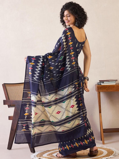 Blue Colour Mul Cotton Ready To Wear Saree With Pocket