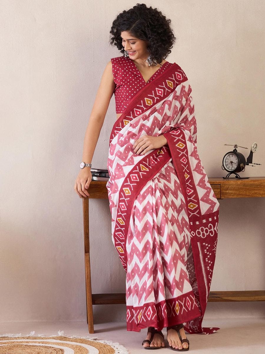 Red Colour Mul Cotton Ready To Wear Saree With Pocket