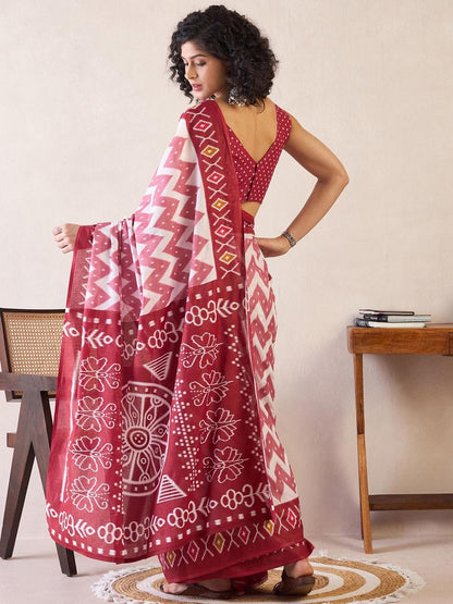 Red Colour Mul Cotton Ready To Wear Saree With Pocket