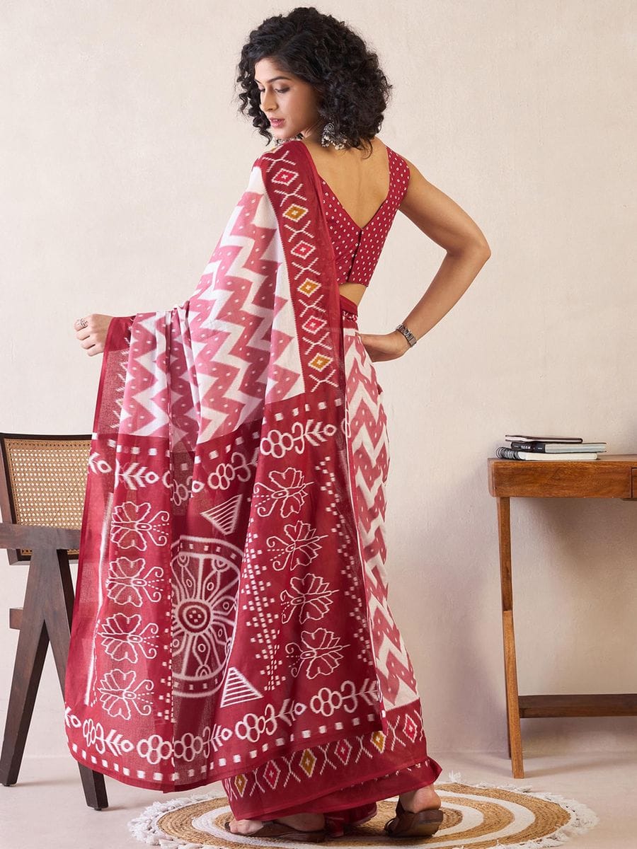 Red Colour Mul Cotton Ready To Wear Saree With Pocket