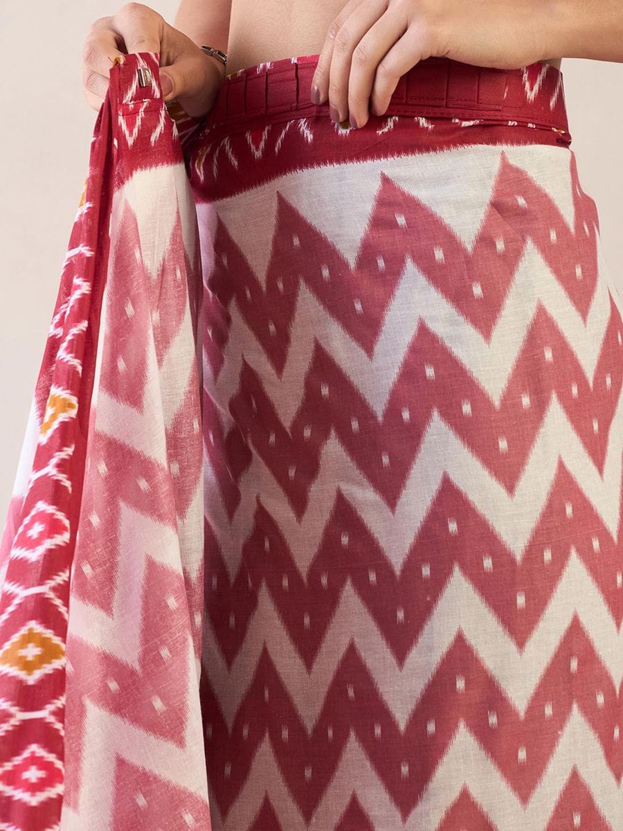Red Colour Mul Cotton Ready To Wear Saree With Pocket