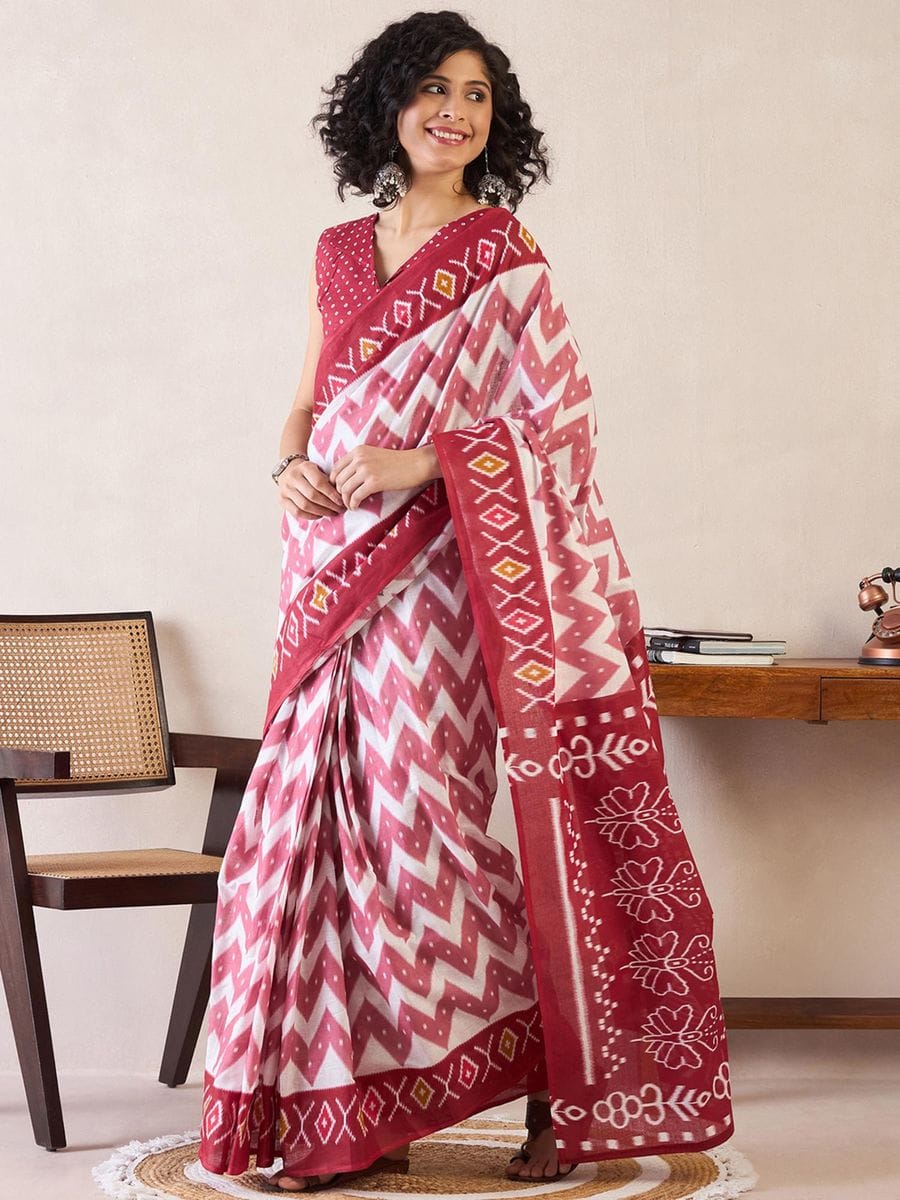 Red Colour Mul Cotton Ready To Wear Saree With Pocket