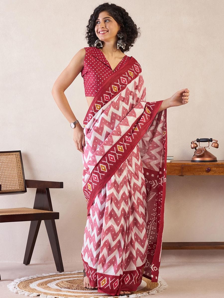 Red Colour Mul Cotton Ready To Wear Saree With Pocket