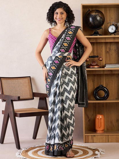Black Colour Mul Cotton Ready To Wear Saree With Pocket