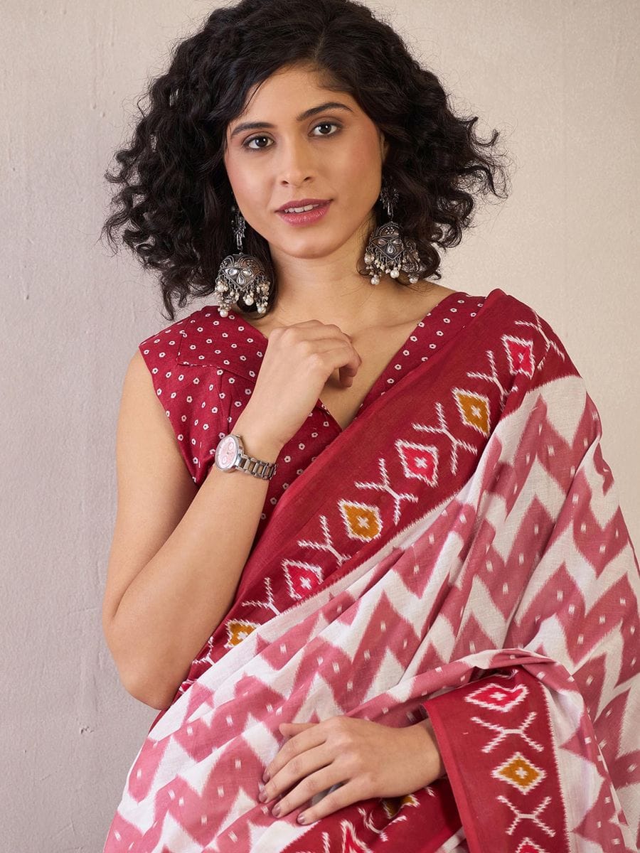 Red Colour Mul Cotton Ready To Wear Saree With Pocket