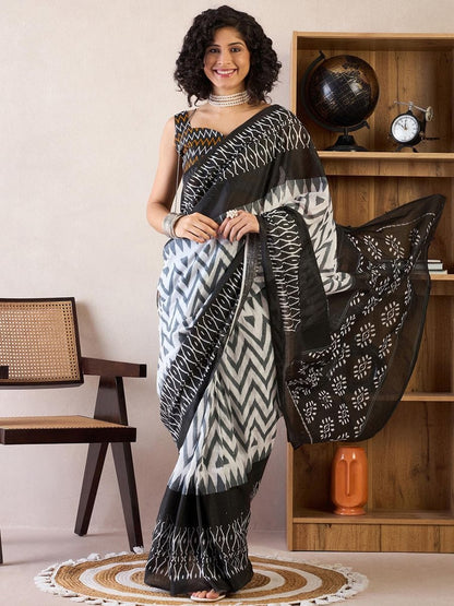Black Colour Mul Cotton Ready To Wear Saree With Pocket