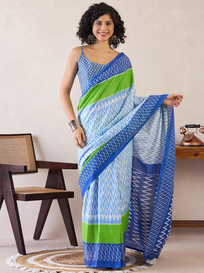 Sky Colour Mul Cotton Ready To Wear Saree With Pocket
