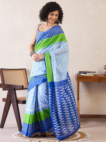 Sky Colour Mul Cotton Ready To Wear Saree With Pocket