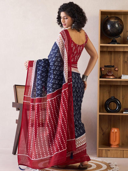 Blue Colour Mul Cotton Ready To Wear Saree With Pocket