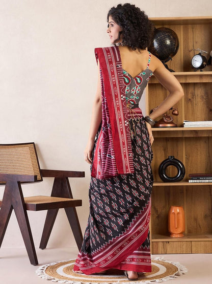 Black Colour Mul Cotton Ready To Wear Saree With Pocket
