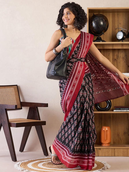 Black Colour Mul Cotton Ready To Wear Saree With Pocket