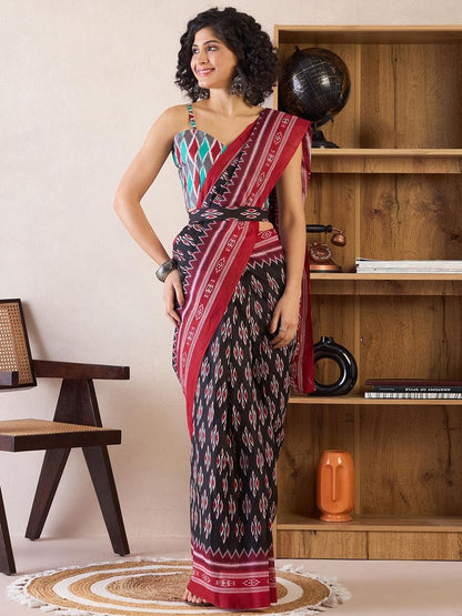 Black Colour Mul Cotton Ready To Wear Saree With Pocket