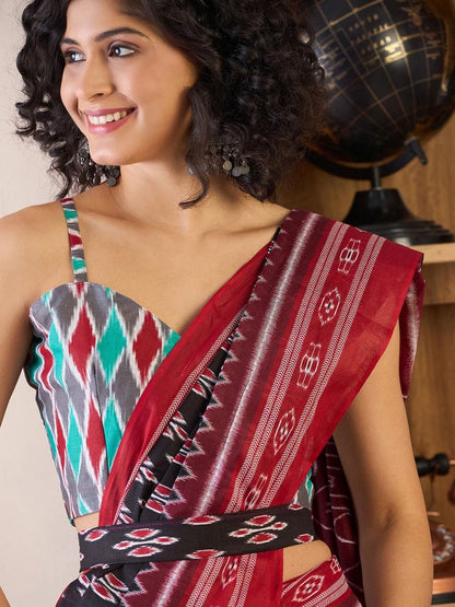 Black Colour Mul Cotton Ready To Wear Saree With Pocket